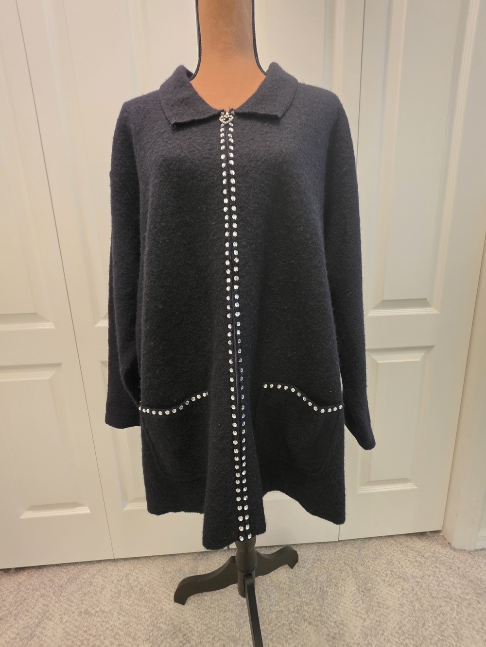 VTG Quacker Factory 100% Boiled Wool RhinestoneZip Cardigan Romantic Whimsygoth
